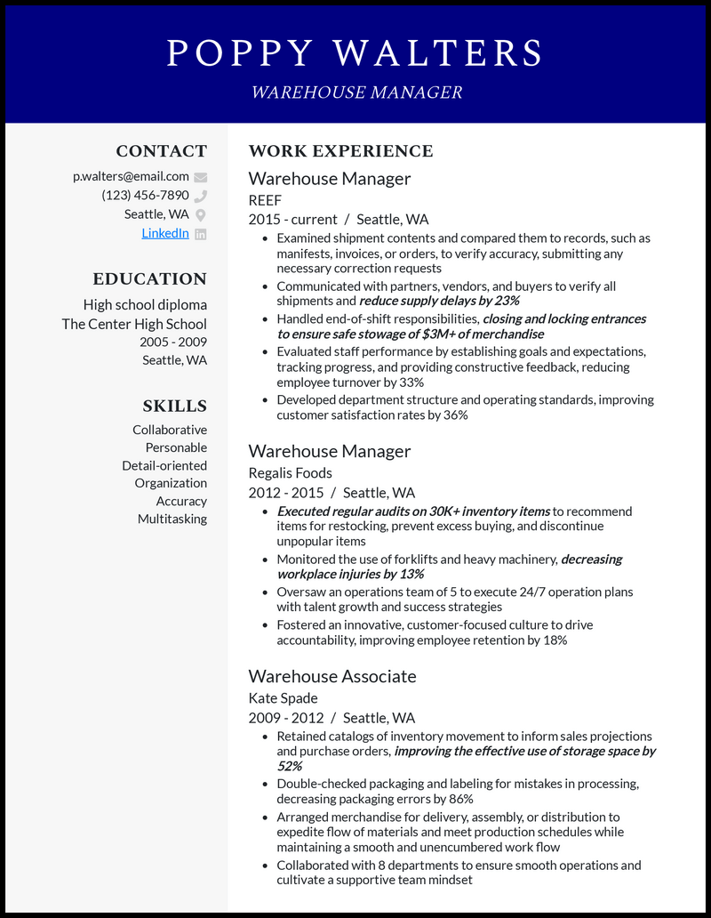 Warehouse manager resume example with 4+ years experience