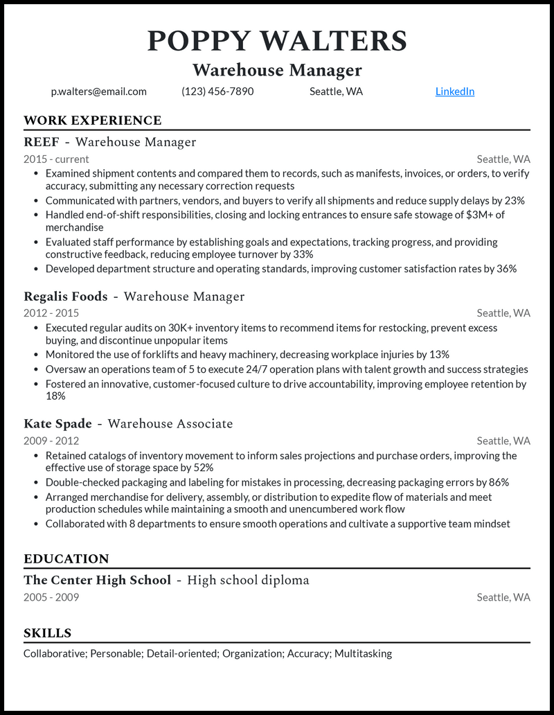 Modern warehouse manager resume example with 4+ years experience