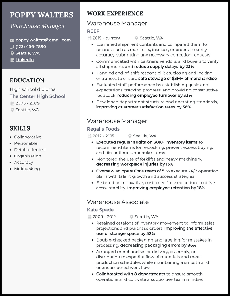 9 Warehouse Worker Resume Samples That Got Jobs In 2024   Warehouse Manager Resume Example 