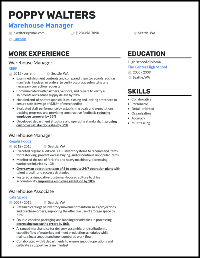 Clean warehouse manager resume example with 4+ years experience