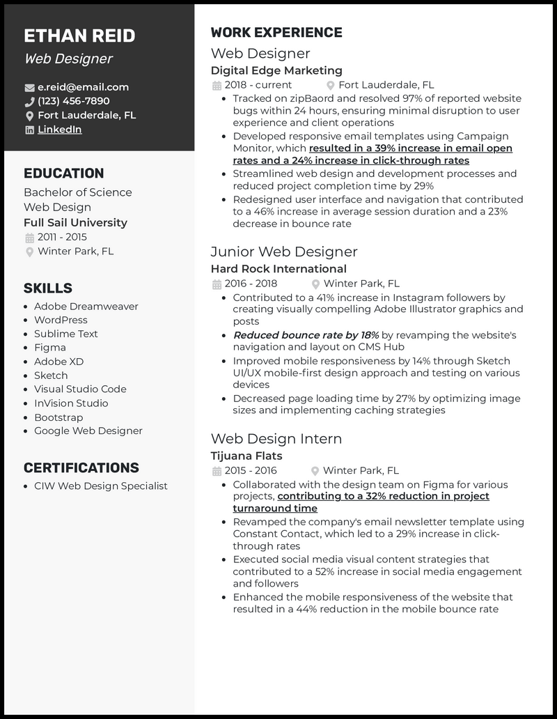 Web Designer resume example with 8 years of experience