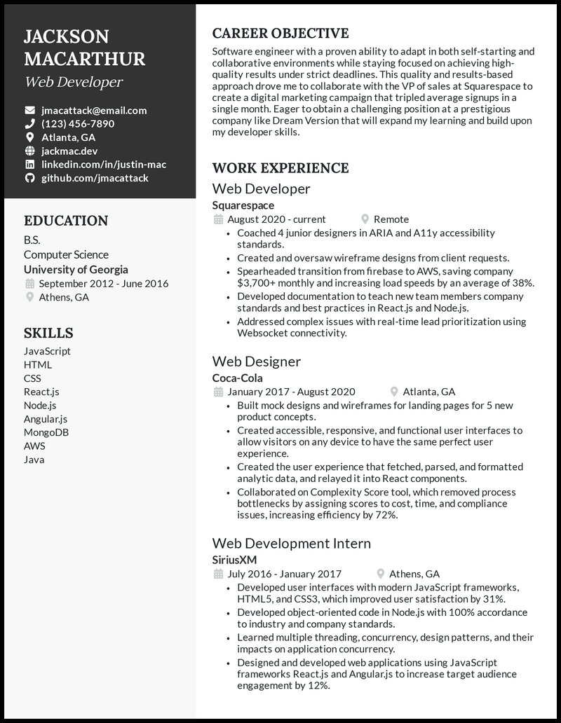 sample resume for fresher web developer