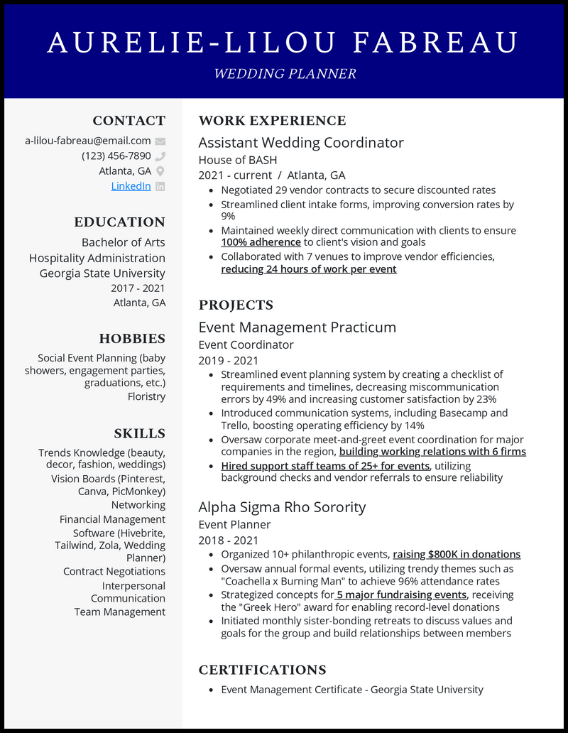 3 Wedding Planner Resume Examples For 2023