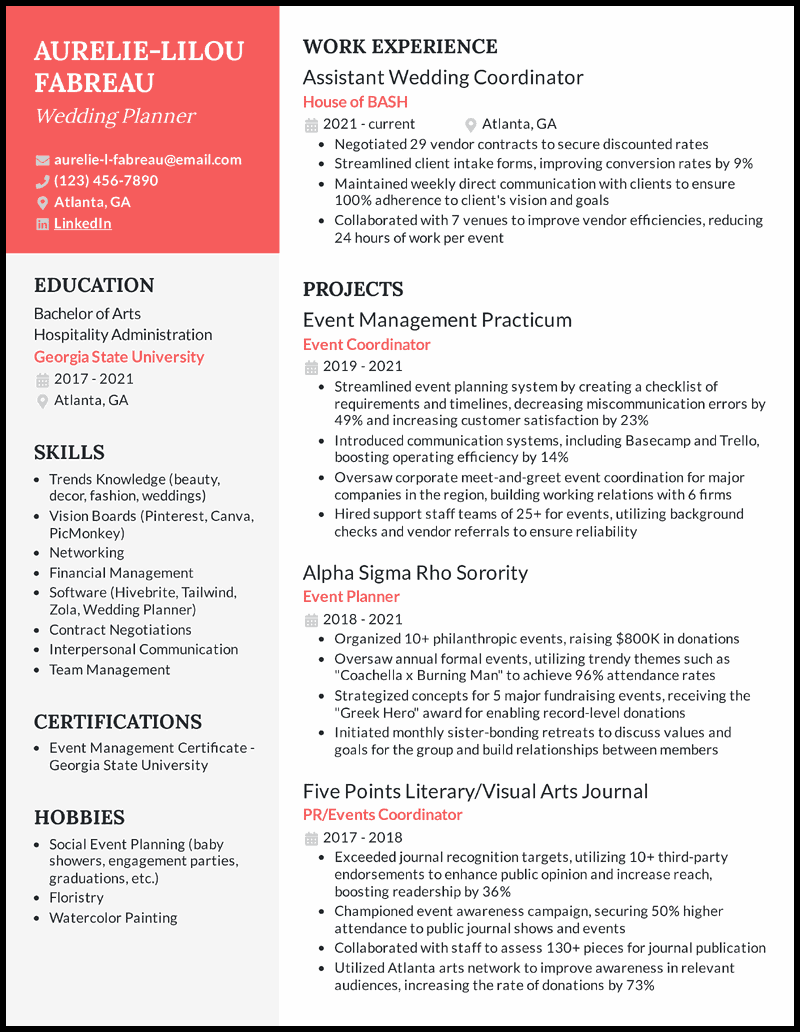 Wedding planner resume example with 5 years of experience