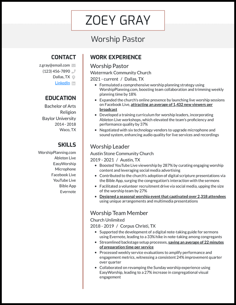 7 Pastor Resume Examples That Got - Worship Pastor Red Brown Resume Example 
