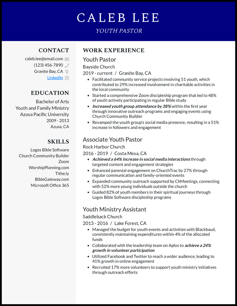 Youth Pastor resume example with 10 years experience